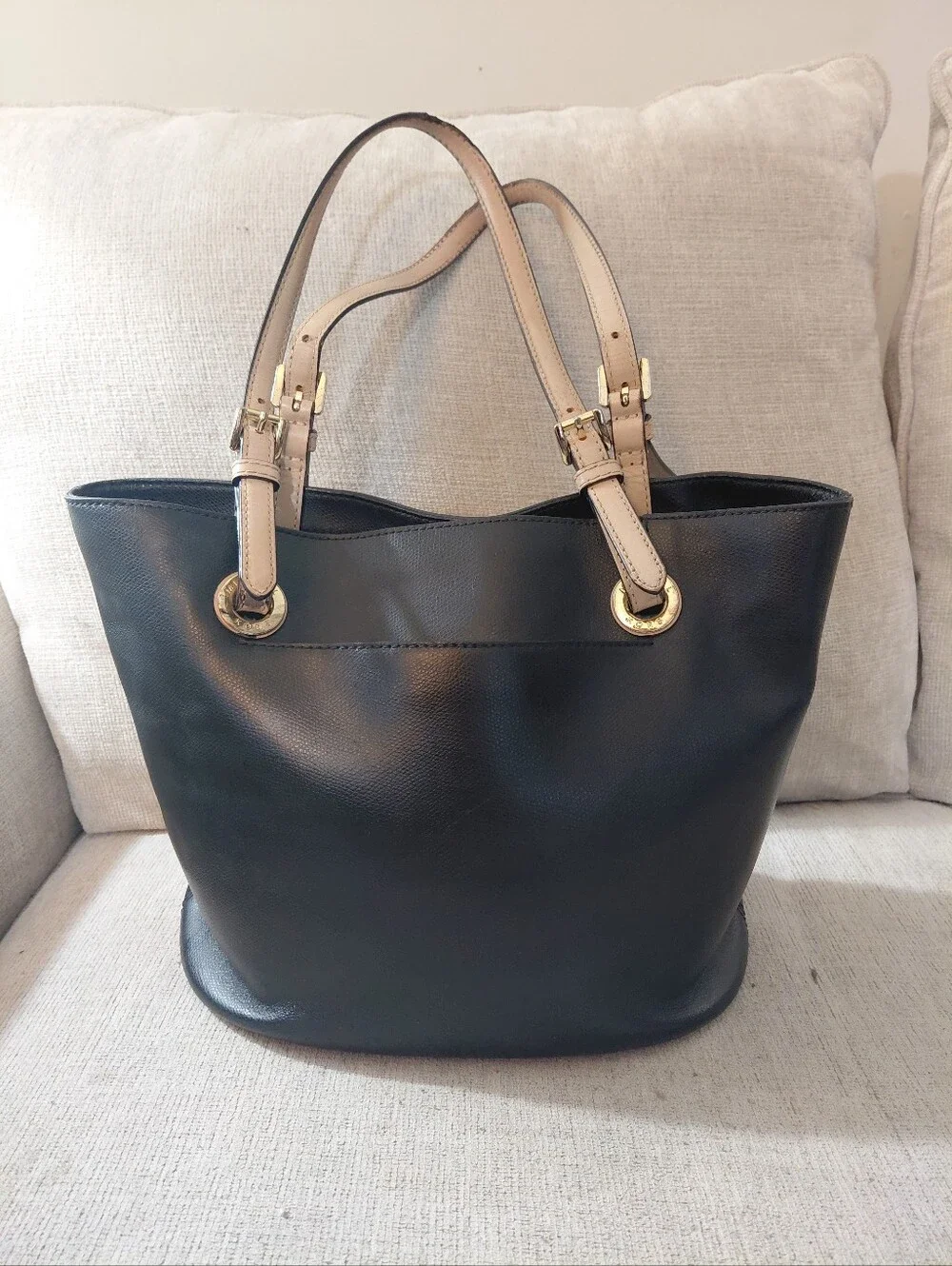 Michael Kors Black Leather Tote Shoulder Bag with Gold Emblem